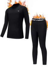 Ewedoos Thermal Underwear Set for Kids, Black, Boys Long Johns - Set of 2