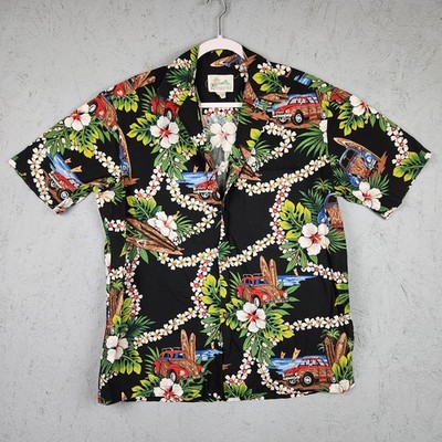 Vintage Hawaiian Shirt Mens Large Black Surf Woody Car Floral Hawaii Beetle Read