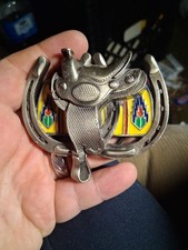 Great American Belt Buckle Co Enameled Brass Horse Saddle Western Vintage 1990