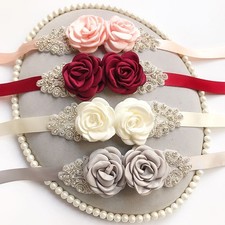 Gorgeous Bride Ribbon Waistband Wedding Crystal Belt Dress Rose Satin Flowers */