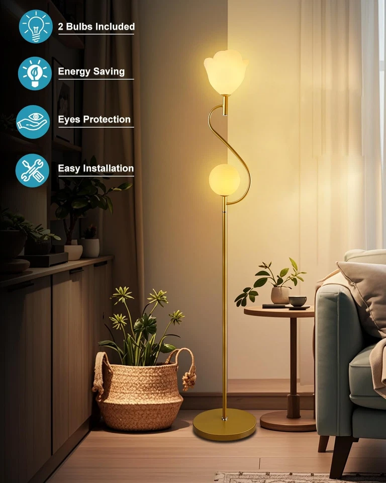 Lámpara de pie dorada, lámparas de pie de mediados de siglo con 1 globo y 1 flor suave cálida... Foto 4 de 4