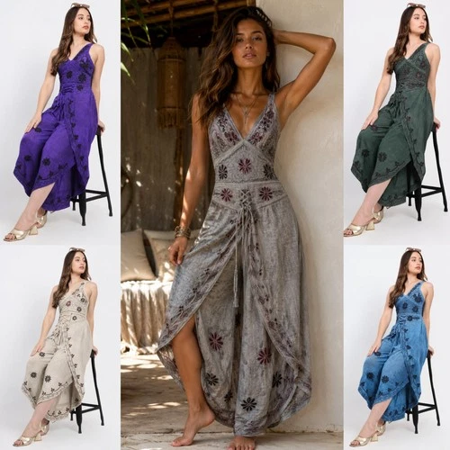 Bohemian Embroidered Rayon Jumpsuit Women Floral Yoga Harem UK 8-14 Festival