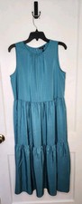 EILEEN FISHER ROUND NECK TIERED DRESS 100 SILK SATIN RIVER BLUE NWT Size Small
