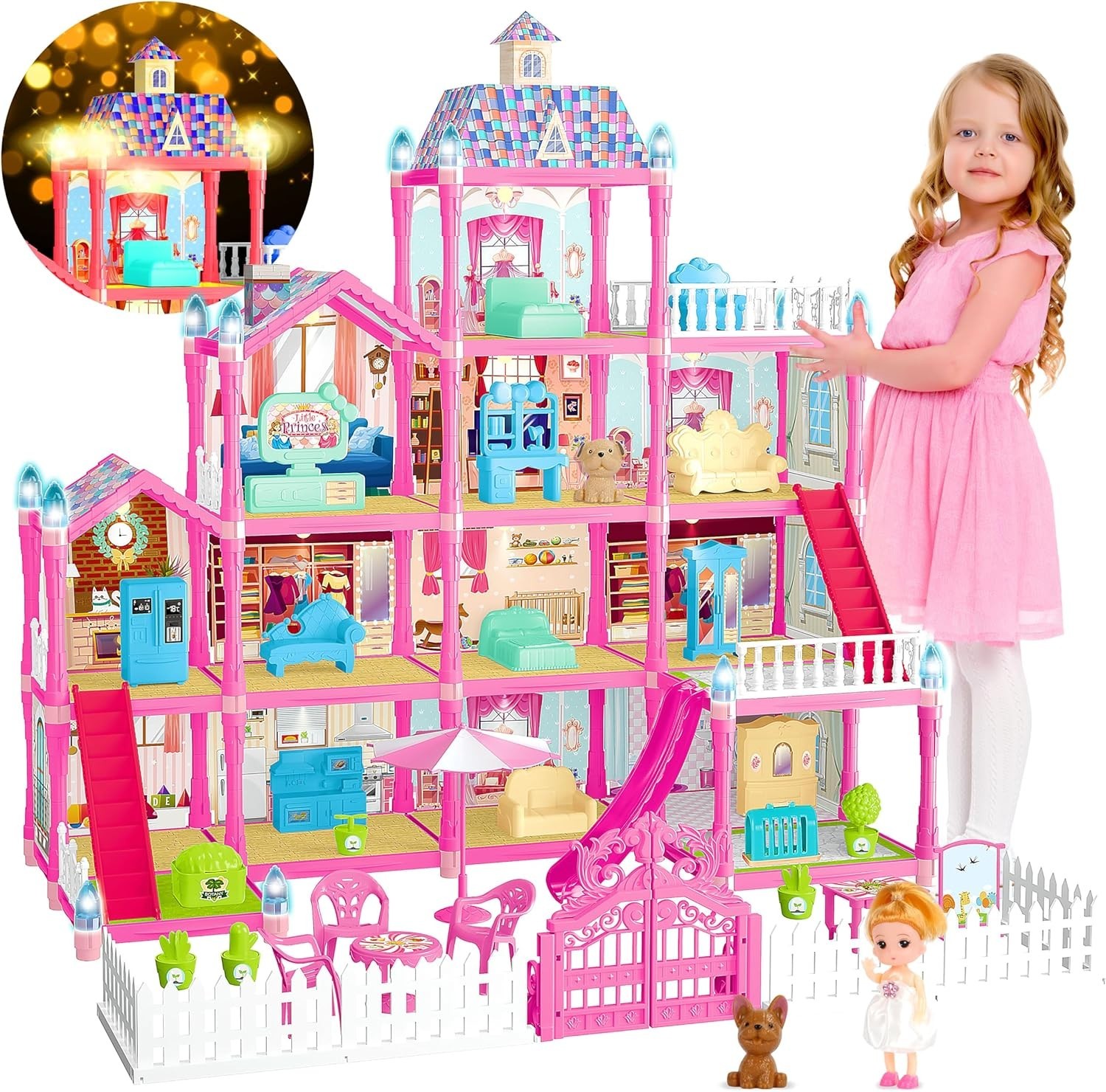 House for Girls,13 Rooms Dollhouse with 2Dolls Figure, Lights, Puppies,Furniture