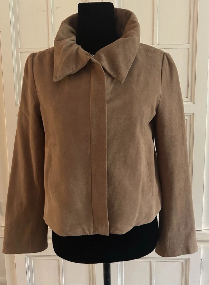 Talbots-Buttery Soft Camel Suede-drawstring Collar-pockets-Rtl.$285-pristine-SzP - Image 2 of 4