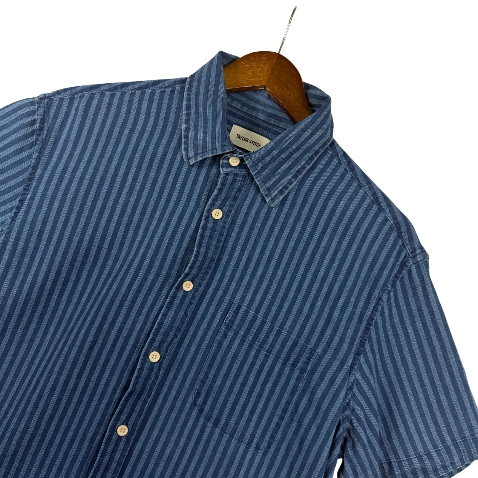 Taylor Stitch Men’s 42 Short Sleeve California Indigo Jacquard Stripe Organic