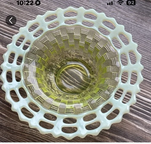Fenton Topaz Opalescent Basket Weave Lace Edge Bowl 7” Diameter