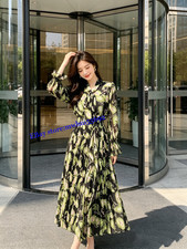 drape vintage printed fabric tie bow temperament heavy pleated long sleeve dress