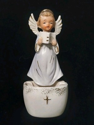 Vintage Ceramic Holy Water Font Angel Bless Our Home Figurine Japan MCM Sanmyro