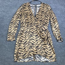 Reformation Tiger Print Silk Mini Dress Tan Black Long Sleeve V-Neck Size 10