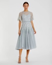 Mac Duggal 93655 Sz 10 Powder Blue Cape Sleeve Beaded Tea Length Aline Gown $598