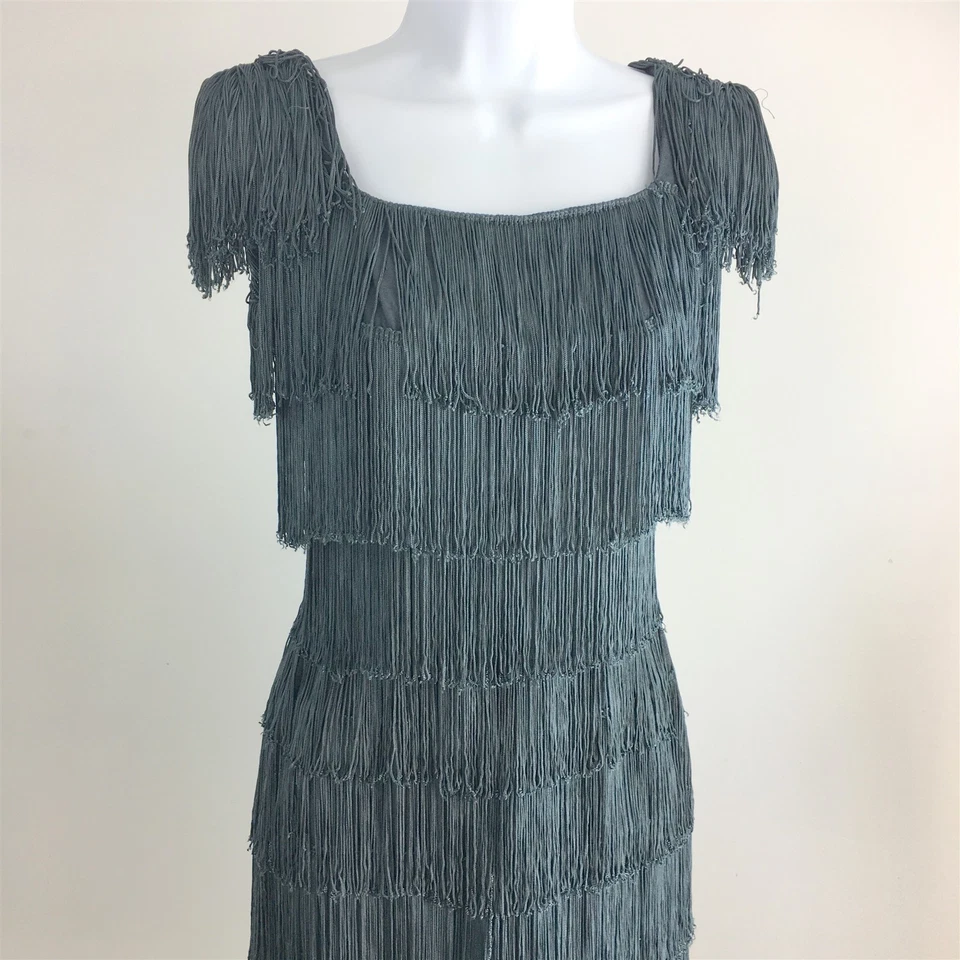 Vintage 1920's Fringe Flapper Dress Gray Low Back Sleevless B-32" W-23" XS-S - Image 2 of 4