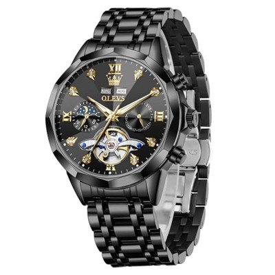  Automatic Men Watch Self Winding Mechanical Moon 6621：Black band & Black dial