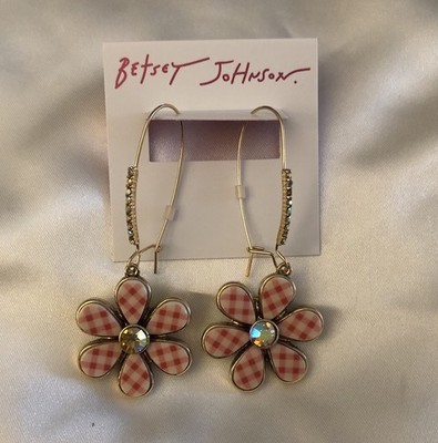 Betsey Johnson Gold Tone & Pink And White Gingham Daisy Drop Earrings NWT