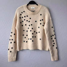La Maille FRNCH Paris Cream Sweater Black Sequin Polka Dot Knit Top Small Medium