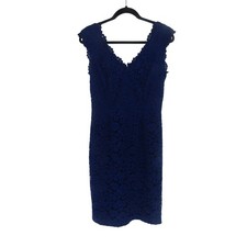 Eliza J Roy Lace Sheath Dress Womens 4 Blue Cap Sleeve V-Neck Floral Knee Length