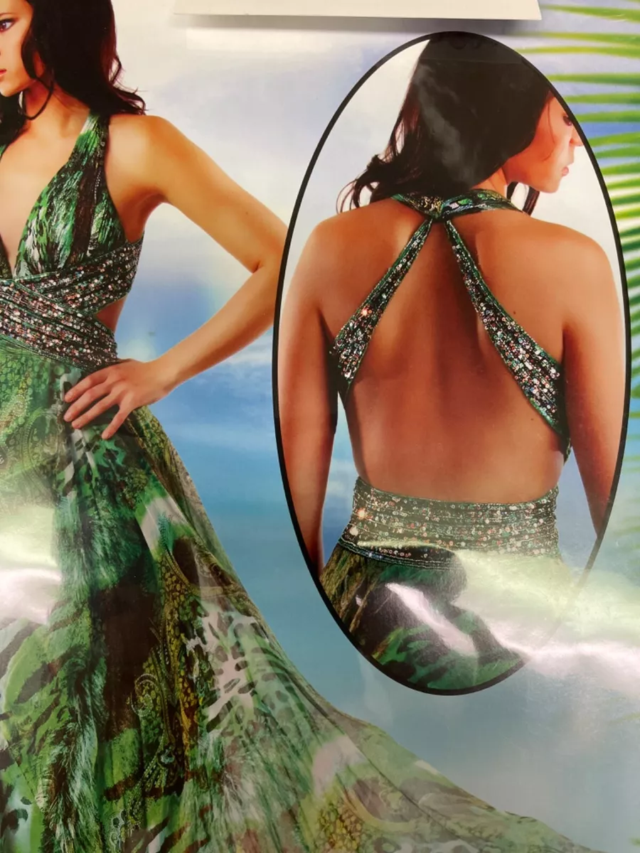 Jovani Green Multi Silk Prom Evening Gown Dress Sequin Beaded Wide