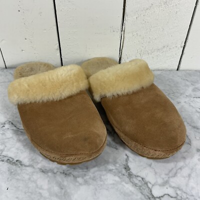 VTG LL Bean Plush House Shoes Slippers Tan Leather Rubber 