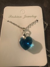 Blue Crystal Heart Pendant On Silver Chain Necklace