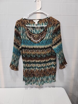 CJ Banks Size 1X Popover Tunic Blouse Top Shirt Thin Beads Torquise Brown White