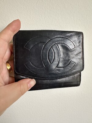 Auth Vintage Chanel CC Wallet Blk Leather Card Slots Accordion