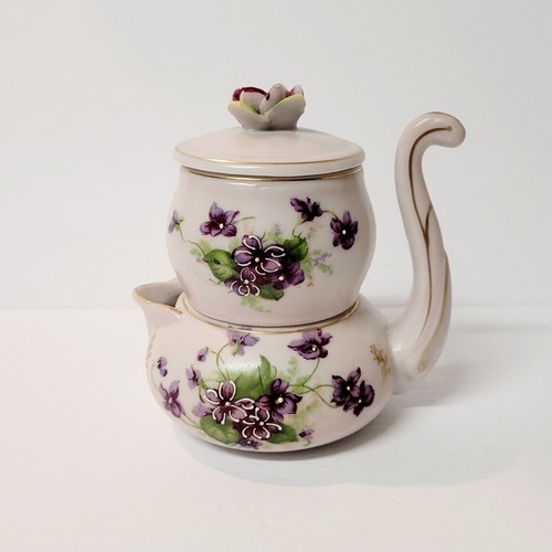 Vintage LEFTON stapelbare langhändige Milchkännchen & Zucker mit Deckel violett Blumenmuster 4,75" - Bild 2 von 16