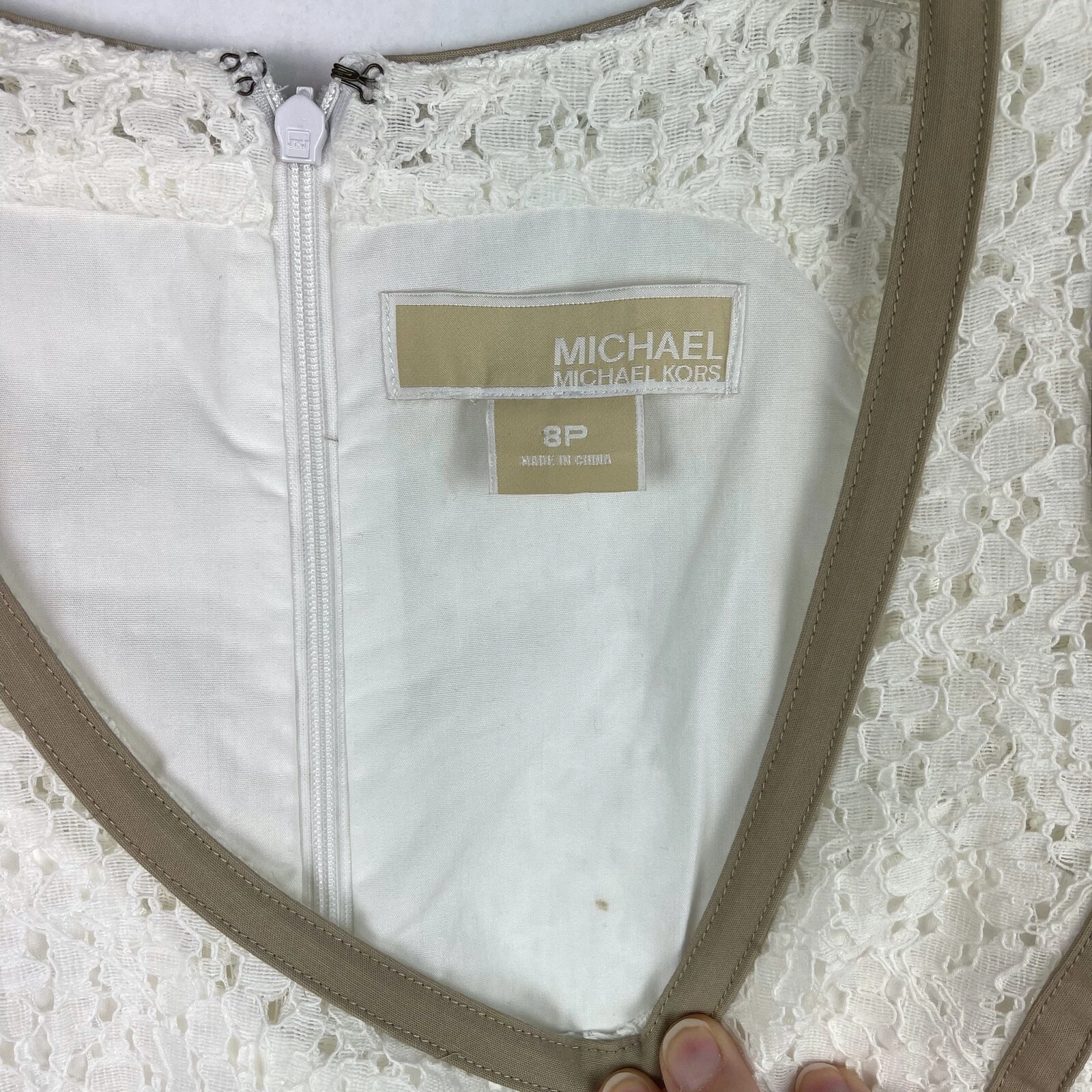 Abito donna Michael Kors bianco floreale pizzo marrone orlo tubino taglia 8P Petites