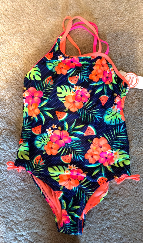 NWT Girls WONDER NATION Navy/Peach Floral 1 Piece Swimsuit Size Large 10-12