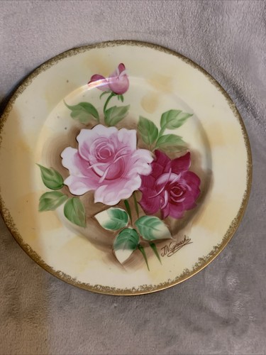 Piatto armadio porcellana Norleans dipinto a mano 10" rose rosa firmato J. Nagasaki