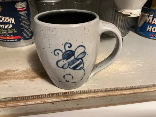 Vintage Rowe Pottery Works Buzzing Bee Mug Blue Salt Glazed Stoneware 16oz NICE