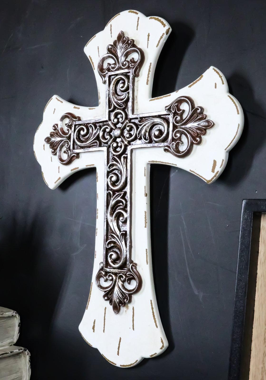 Rustic Southwestern Tuscany French Lily Fleur De Lis Antiqued White Wall Cross