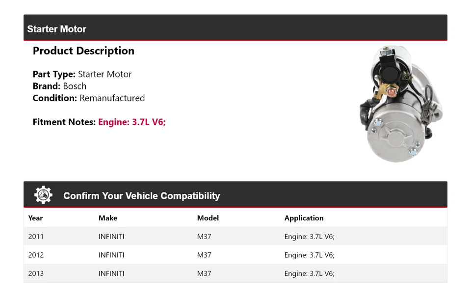 Para 2011-2013 INFINITI M37 3.7L V6 Bosch Starter (Remanufaturado) 2012 - Imagem 2 de 4