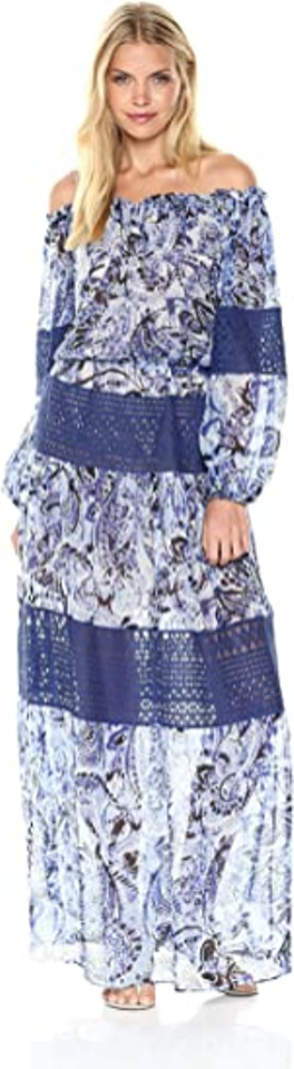 NWT BCBG MAX AZRIA $468 OFF THE SHOULDER LACE TRIM SILK