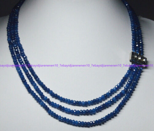 18-20'' Natural 3 Rows 2X4mm Faceted Blue Jade Rondelle Gems Beads Necklace - Picture 1 of 12