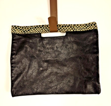 LEATHER Clutch Black w/Faux Snakeskin Handle Extremely Soft Fun Casual Packable