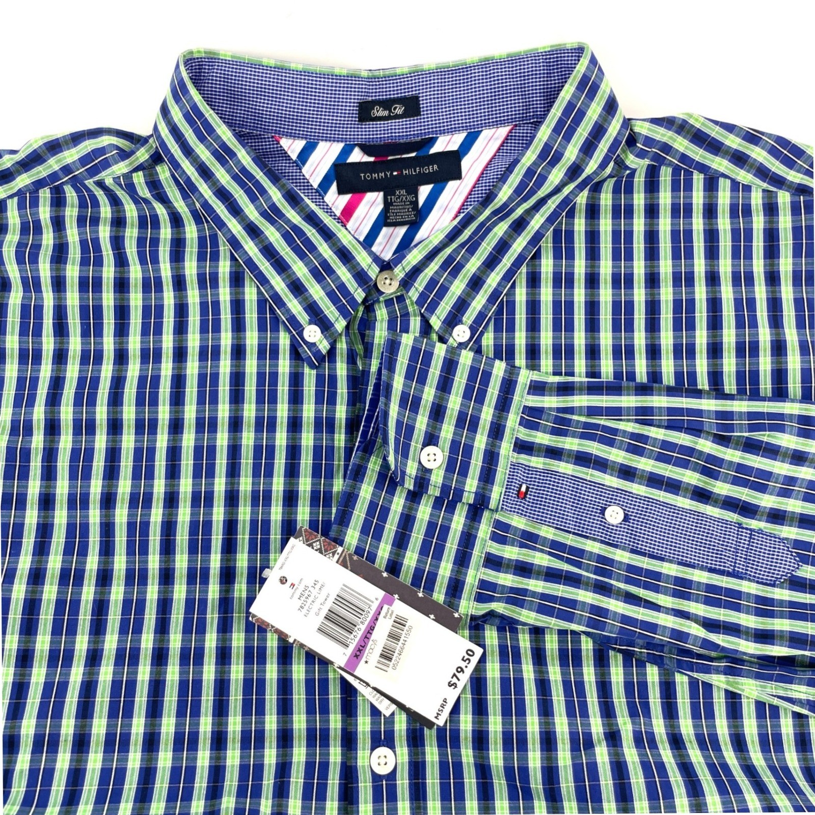 NWT Tommy Hilfiger Slim Fit Plaid Button Down Shirt Mens XXL Electric Lime