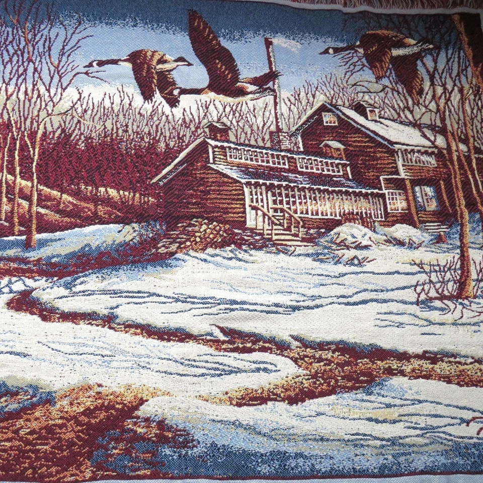 Одеяло Terry Redlin жаккардовое гобеленовое плед 47 дюймов x 68 дюймов загородный дом утки снег - Изображение 3 из 4