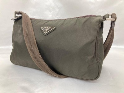 PRADA Nylon Shoulder Bag Green Logo Triangle Compact Crossbody Excellent Condit