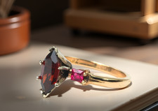 14K Solid Gold Garnet Ruby Accents Ring, Marquise Garnet Gemstone, Size 6.5