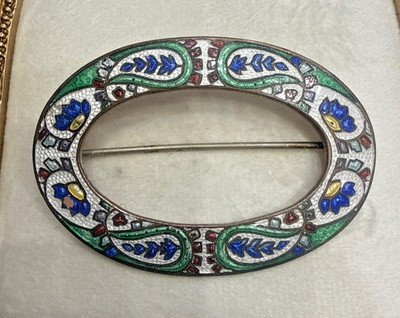 Antique Enamel Sash Pin Brooch C Clasp Open Oval Paisley Foral Art Nouveau