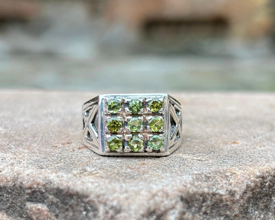 Peridot Square Cluster Ring 925 Sterling Silver Handmade Gemstone Jewelry Gift - Image 2 of 4