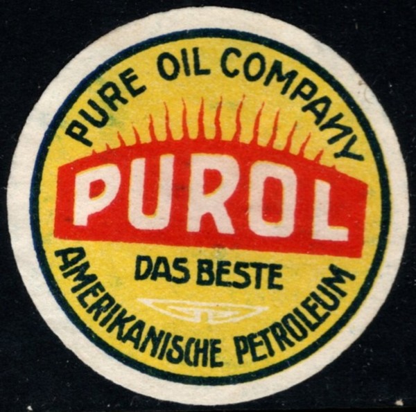 Cartel sello vintage de Alemania Pure Oil Company Purol The Best American Petroleum