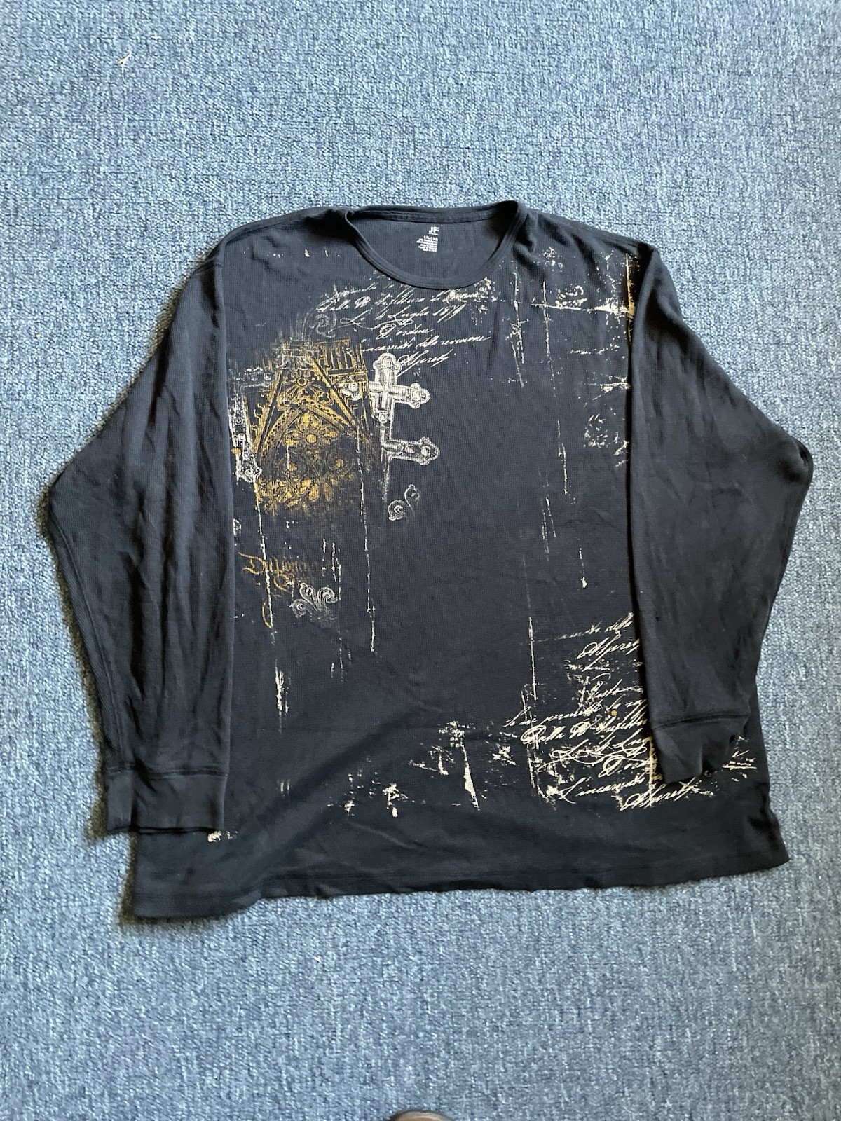 VINTAGE J Ferrar Shirt Mens 2XL Black Thermal Y2K Grunge Emo Cyber Crosses