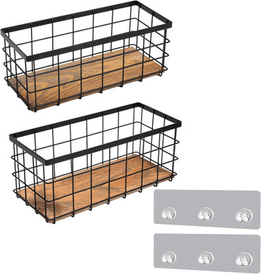 Black Metal Wire Storage Baskets with Wood Bottoms, Bathroom Storage Organizer B