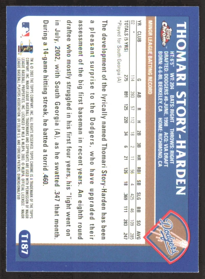 2003 Topps Traded & Rookies Chrome 1st Year Thomari Story-Harden #T187 - Image 2 of 2