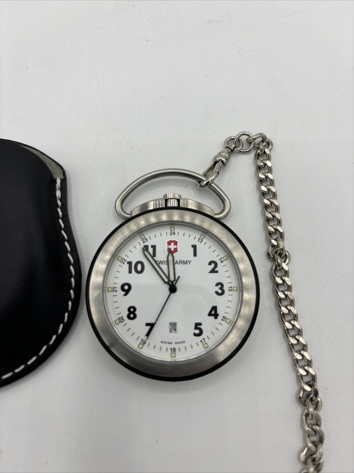 VICTORINOX Pocket Watch Open Face Swiss Chain Leather Bag New Battery