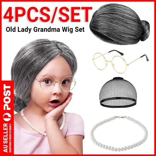 Grandma Wig Set Granny Old Lady Funny Party Halloween Christmas Santa Kids Teen - Picture 1 of 11