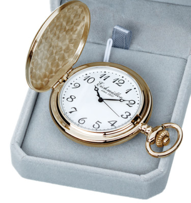 Eichmüller Taschenuhr Messing 45 mm Savonnette Quarz mit Kette und Box 3 Zeiger