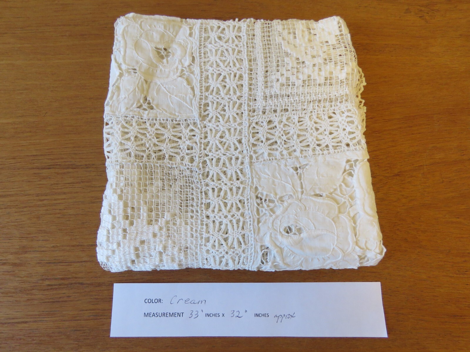 Antique Table Cover Tablecloth Linen Square Filet Lace Net Hand