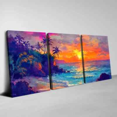 3pcs Charming Colorful Sunset Seaside View Wall Art Canvas Unframed/Framed